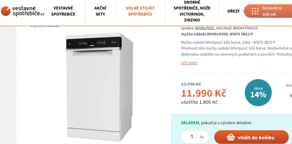 Myčka WHIRLPOOL 45 cm, ZÁRUKA