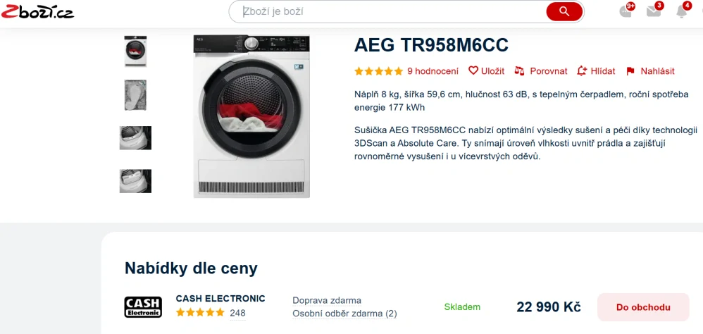 Sušička AEG A+++ 8 kg, ZÁRUKA TR958M6CC