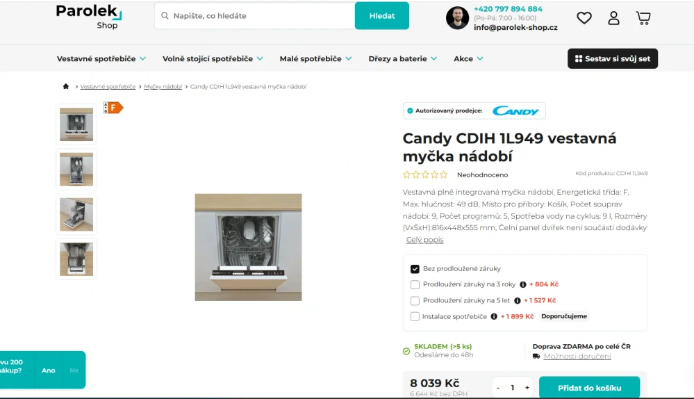 Vestavná myčka CANDY, šířka 45 cm, ZÁRUKA