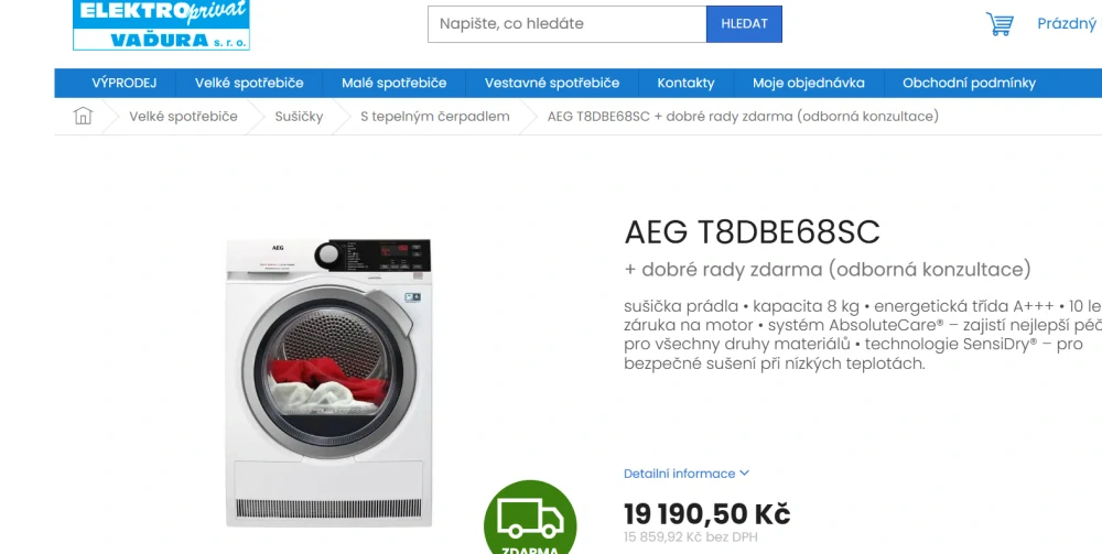 Sušička AEG A+++ 8 Kg, ZÁRUKA